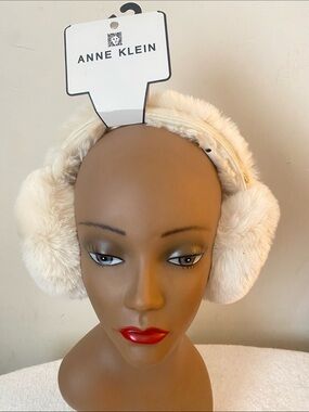Anne Klein Cream Plush Faux Fur Earmuffs with Gold Accent